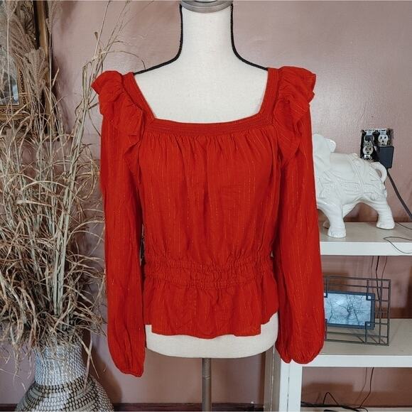 Universal Thread Size Large Red Gold Stripe Off Shoulder Frill Blouse Stretchy - Picture 1 of 9